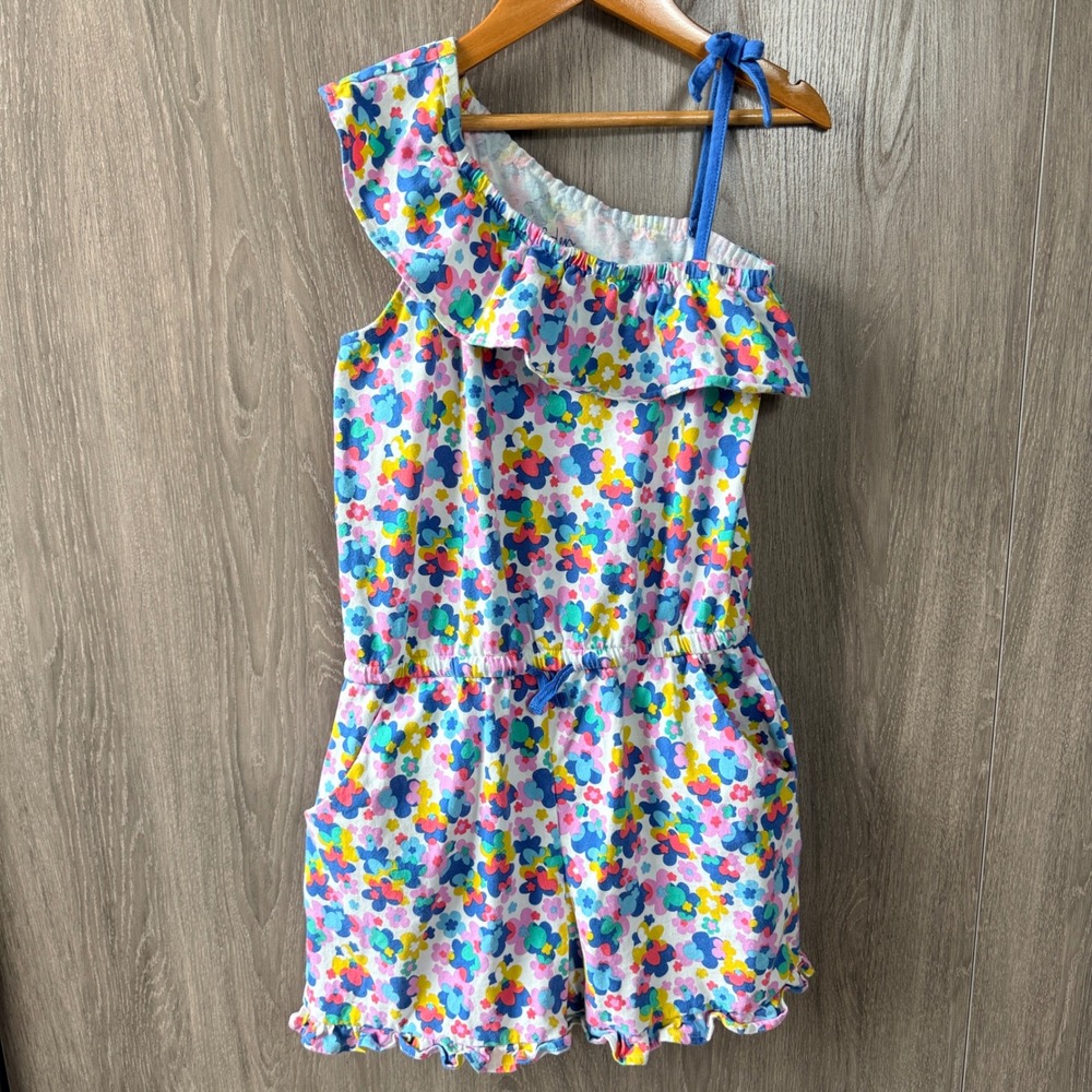 Mini Boden Floral Romper Girls 9-10Y Multicolor One Shoulder Ruffle 100% Cotton
